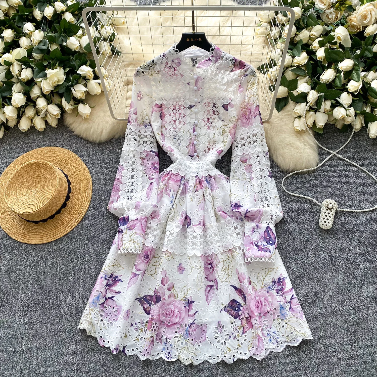 Chic vintage ricamato scava fuori pizzo sottile elegante fata moda coreana Boho vestito estivo abbigliamento donna