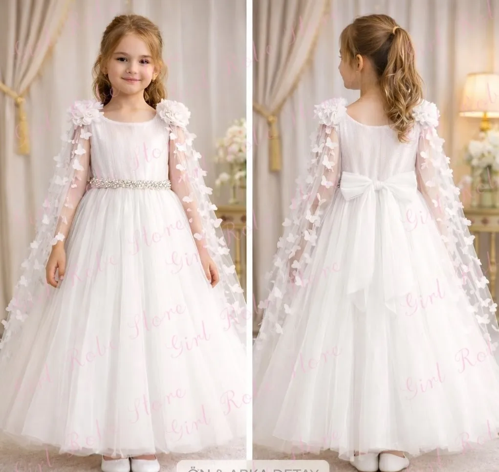 Elegant White Flower Girl For Wedding Puffy Tulle Butterflies Appliques Shawl Princess Birthday Party Evening Pageant Ball Gown