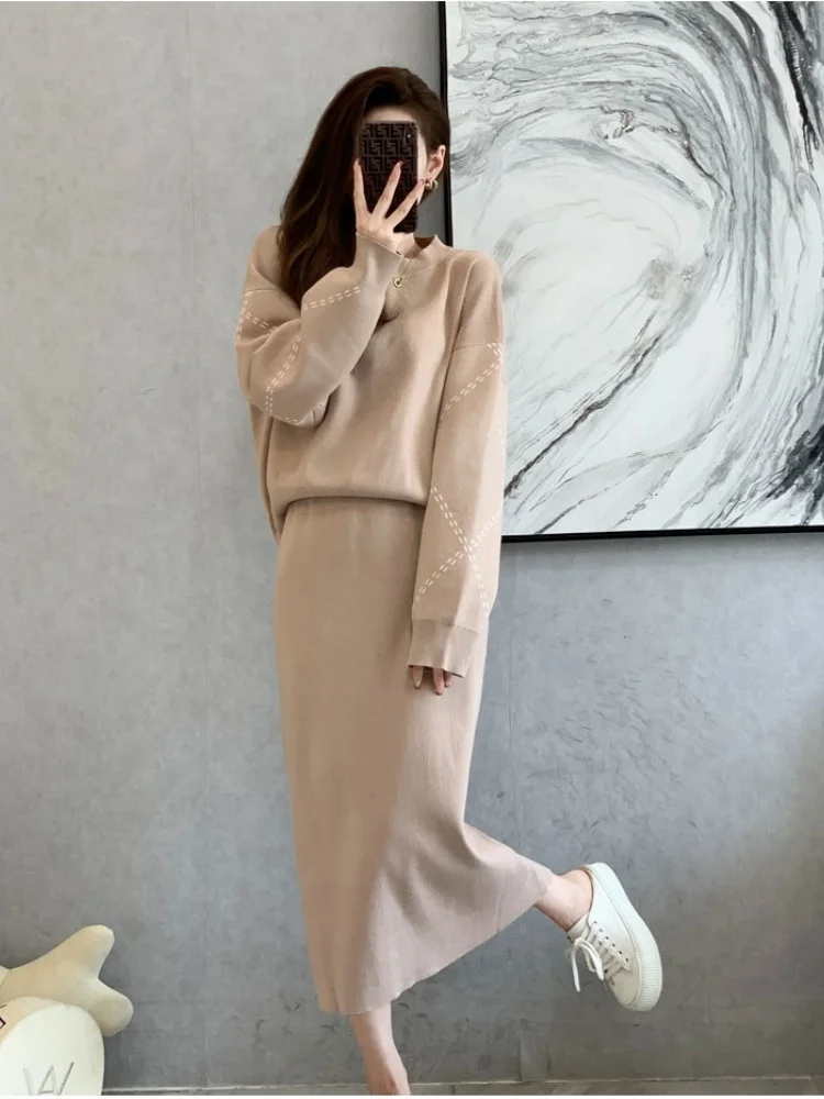 

SMTHMA Woman's Sets Winter Thick Woman' Sweaters Long Sleeve O-Neck Female Pullover+Woman's High Waist Skirt 2 Piece Outfits