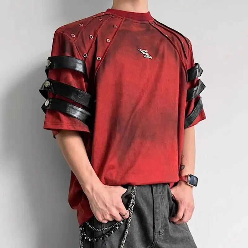 Heavy Rivet Strap Deconstructed T-Shirt For Men Hand Spray Dye Loose Punk Gothic Short Sleeve Casual Top 8ABH