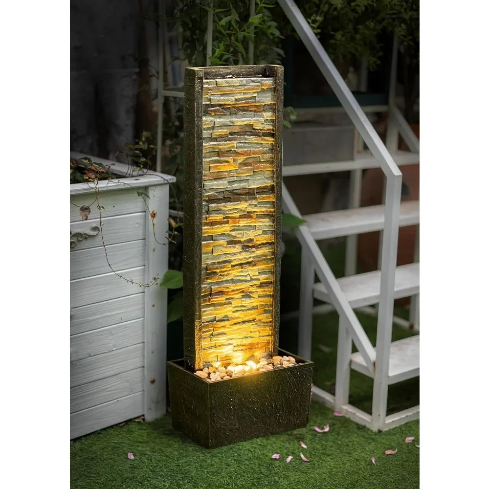 Illuminated Stone Cascade Waterfall Fountain – Elegant Indoor/Outdoor Water Feature with LED Lights, 38x11.6x16.3 inches