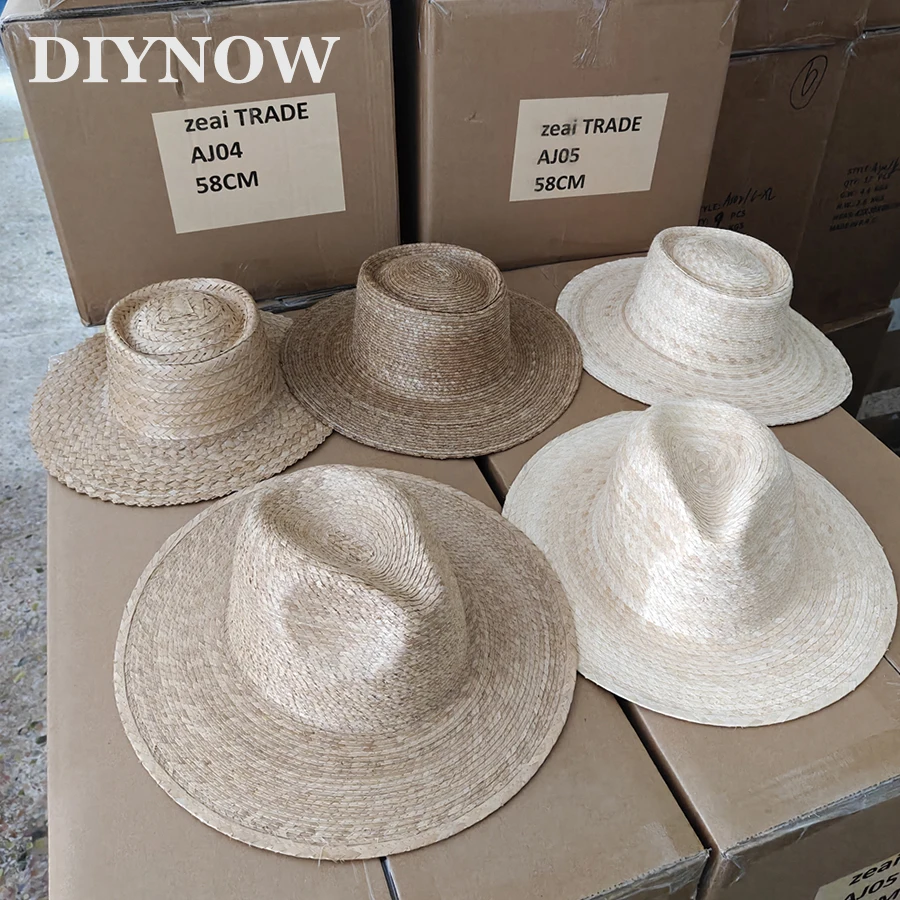 Natural Palm Leaf Straw Hat for Women Men Summer Beach Fedora Jazz Sun Hat Wide Brim Flat Panama Hat Mexican Vacation Chapeau