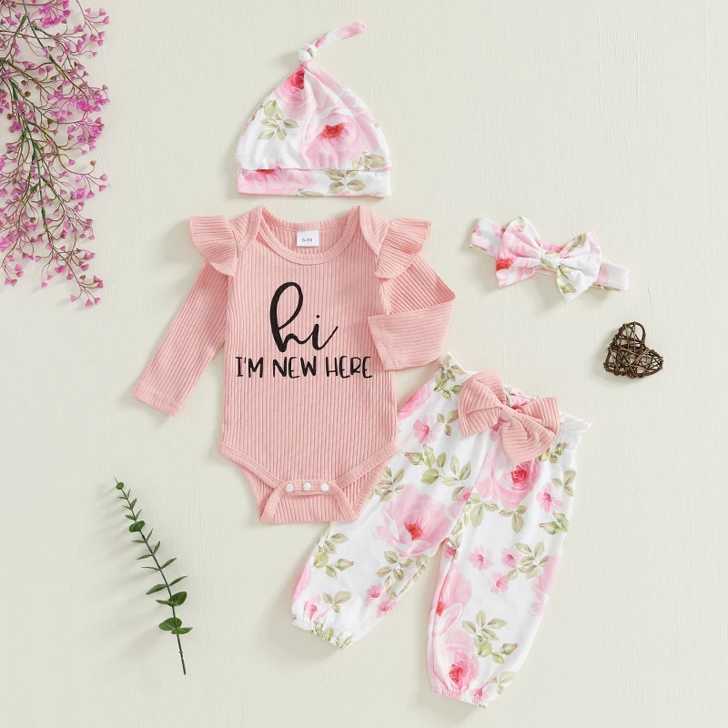 Baby Girls 4 Piece Outfit Letter Print Long Sleeves Romper and Floral Print Pants Headband Hat Set Cute Clothes