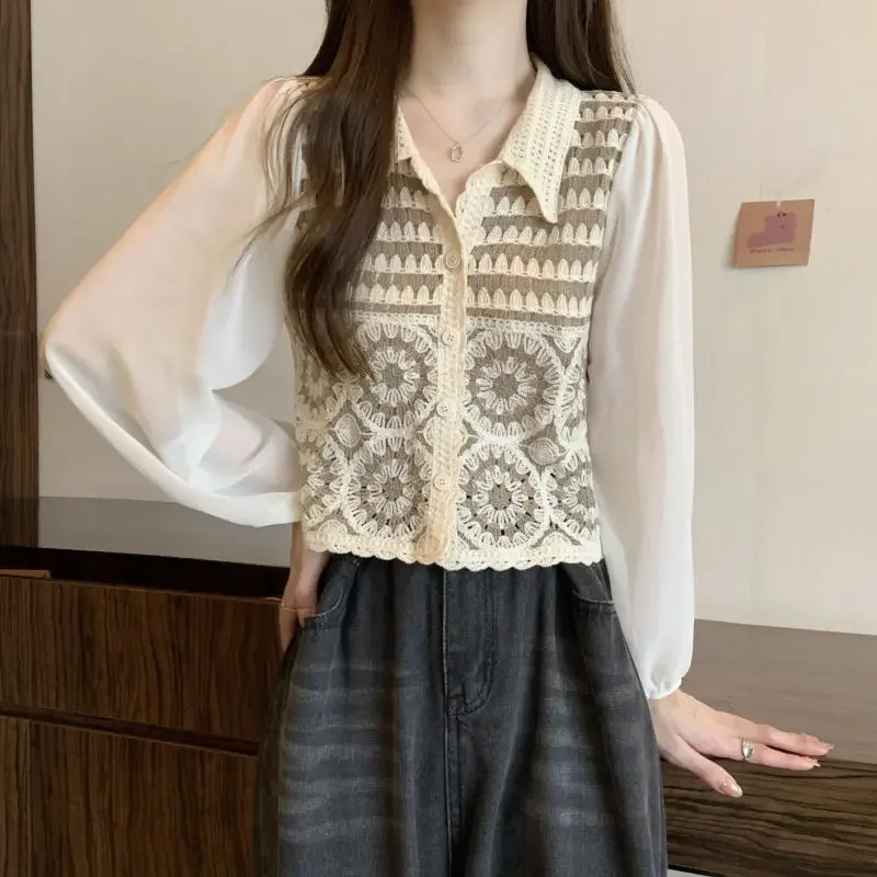Women's New Short Cut Hollow Knit Sweater Top Bohemian Ethnic Style Small Fragrance Chiffon Shirt