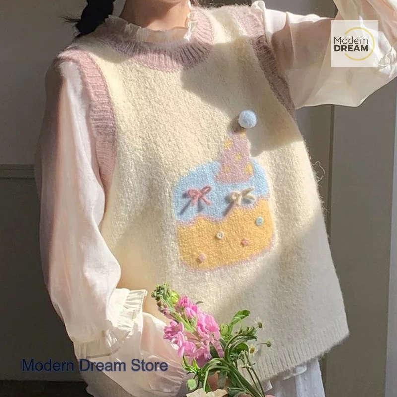 한국식 게으른 바람 케이크 패턴 부드러운 왁시 스웨터 여성 가을 겨울 신상 달콤하고 사랑스러운 루즈핏 레트로 자카드 조끼