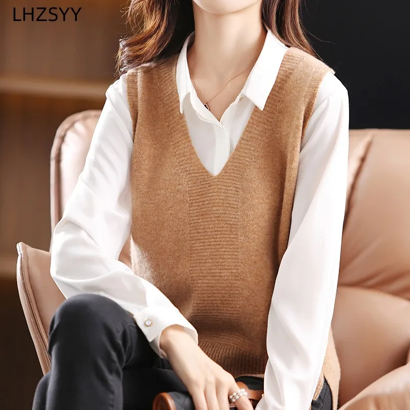 LHZSYY Fashion knitted Waistcoat Ladies 100%Pure Wool Vest 2023 Autumn Winter New Sleeveless Sweater V-Neck Loose Blouse Jacket