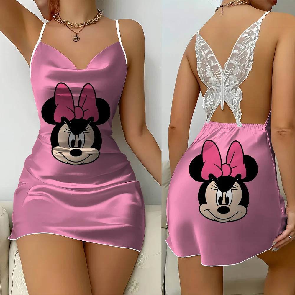 

New Disney Mickey Minnie print summer women's backless sexy lace butterfly nightdress fashion simple sexy dress