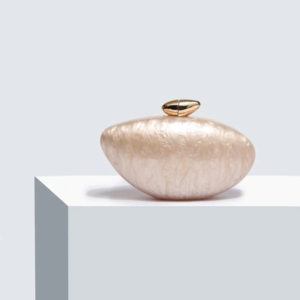 Acrylic Evening Clutch Purse Beige Color Pearl Decoration Women Sling Bag Chain Strap Oval Shape Shell Evening Bag Evening Party