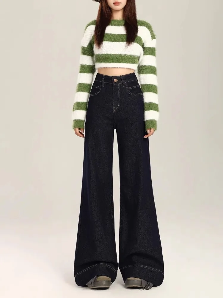 High Waist Fleece Lined Wide Leg Micro Flared Denim Jeans Women's Winter Slimming Non Fitting Floor Length Pants