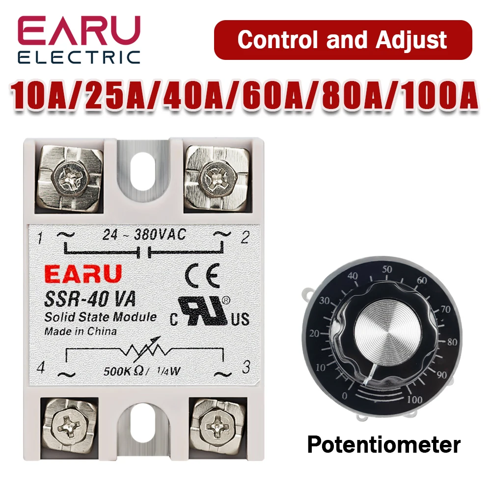 SSR-10VA SSR-25VA SSR-40VA SSR Solid State Relay Voltage Regulator AC24-380V Output Potentiometer for PID Temperature Controller