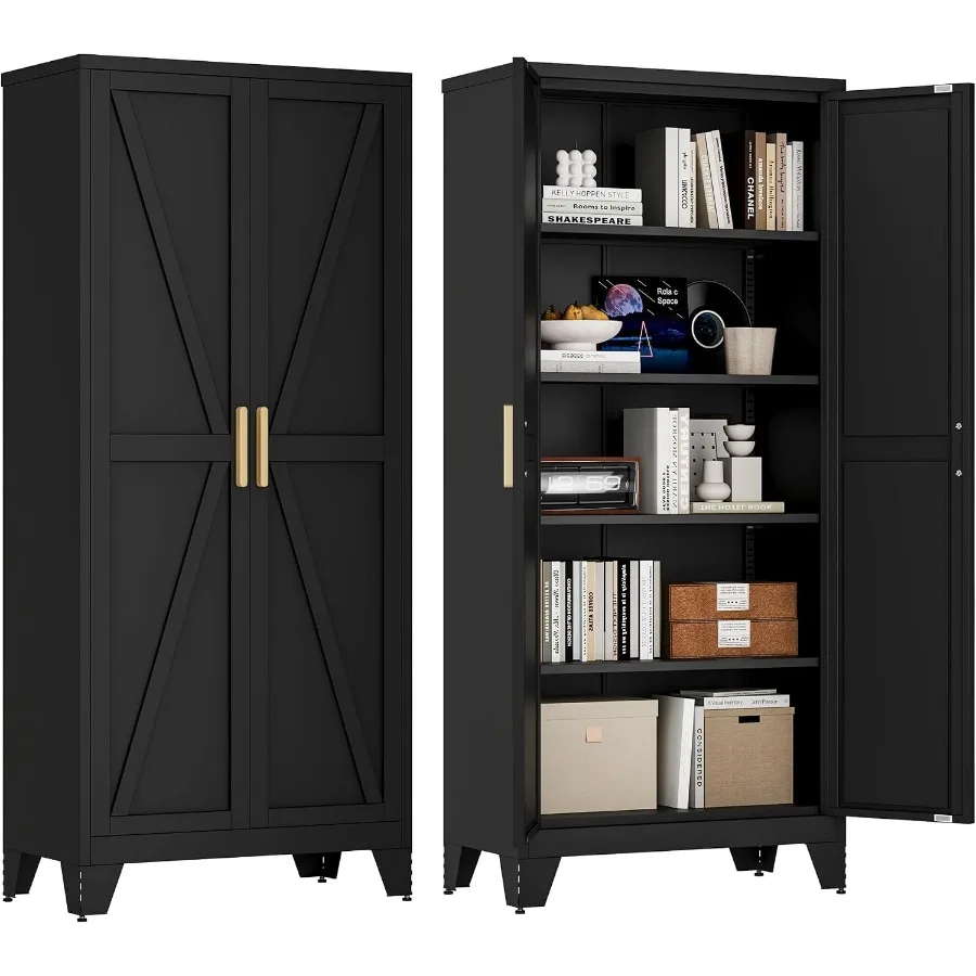 71'' Farmhouse Metal Storage Cabinet with Barn Doors, Steel File Cabinet for Home Office, Kitchen Pantry 4 Adjustable Shelves,