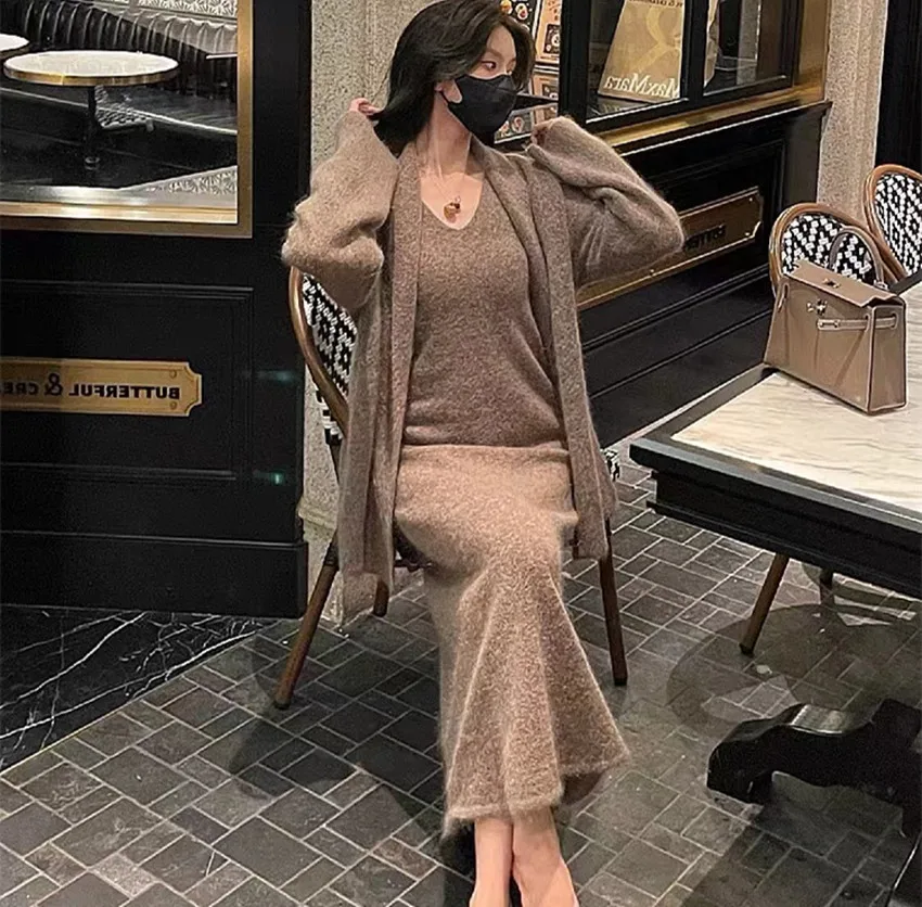 New Lazy Style Autumn Winter Knitted Two Piece Set Women Soft Mohair Knitted Lace Up Belt Loose Cardigan + Vest Long Dress Suit