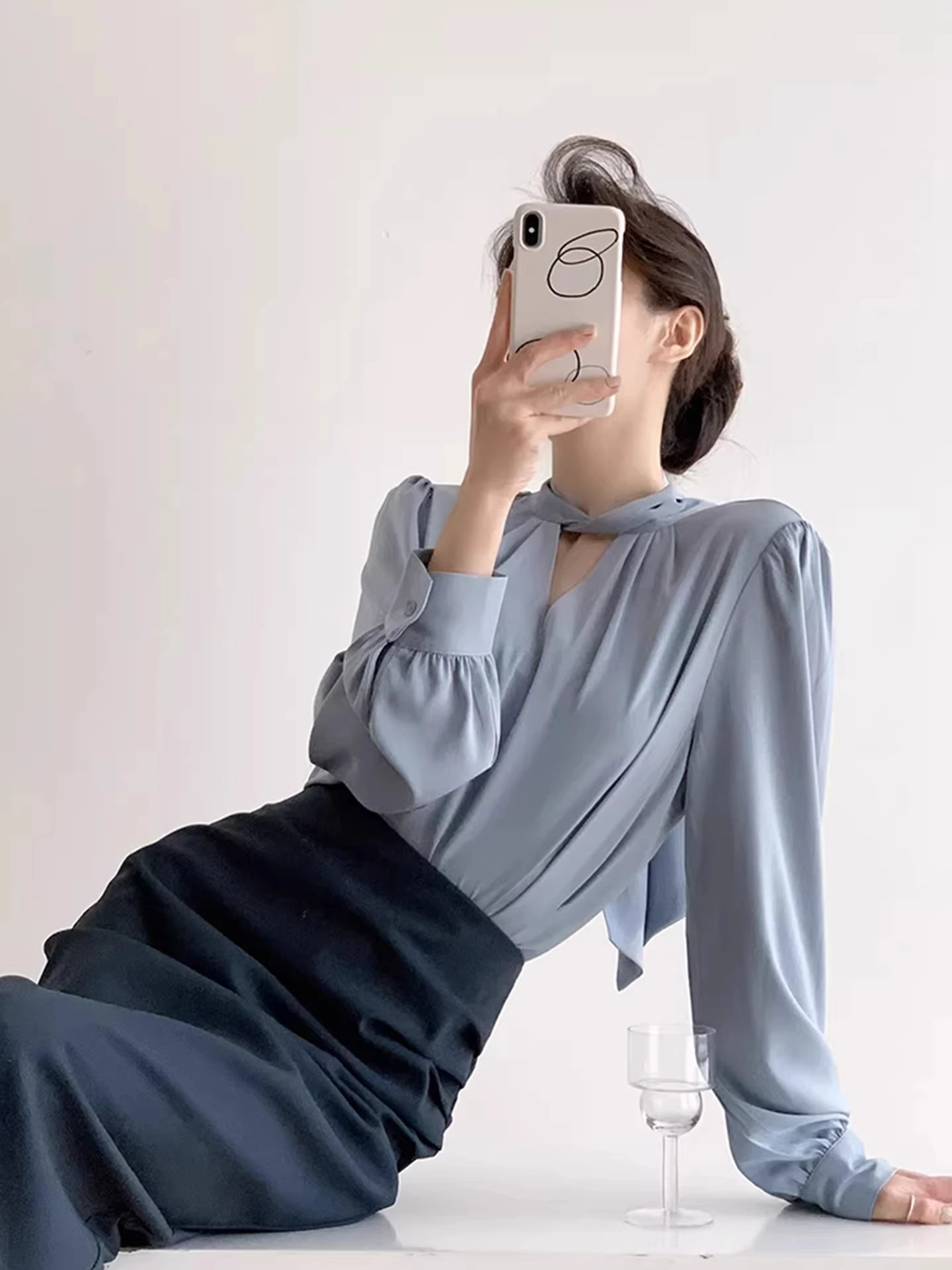 

Blue V-ne Belted Loose Women's irt Spring Autumn Ele Versatile Maturi Sle French Sle Straight Cut Long Sve