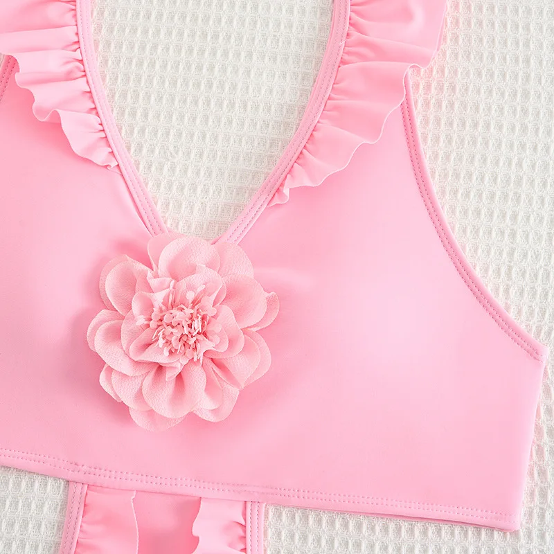 2025 Ruche Meisjes Badpak Een Stuk Roze Kinderen 3D Bloemen Badmode Kinderen Zwemmers Zwemmen Zwemmen Badpak Zomer Strandkleding