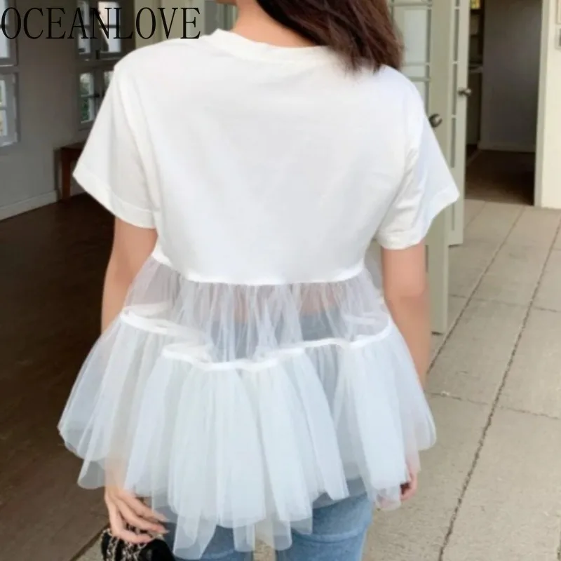 

OCEANLOVE Japanese Style T Shirt for Women Mesh Patchwork Solid Spring Summer Ropa De Mujer Elegant Retro Sweet T-shirts