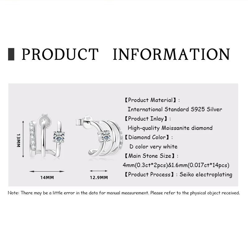 OXTAO جولة مويسانيتي الأطواق أقراط موضة نصف المفتوحة الكفة الحقيقية 925 الفضة ثقب وأقراط مجوهرات هدية للنساء