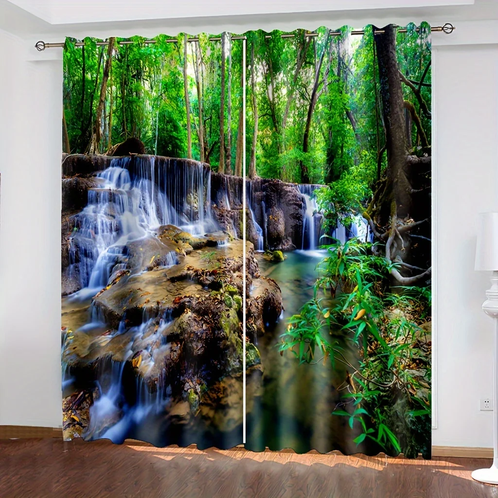 2pcs/set Summer And Spring Landscape Tree Forest River Rock Waterfall Pattern Curtain Digital Printing Living Room Curtain