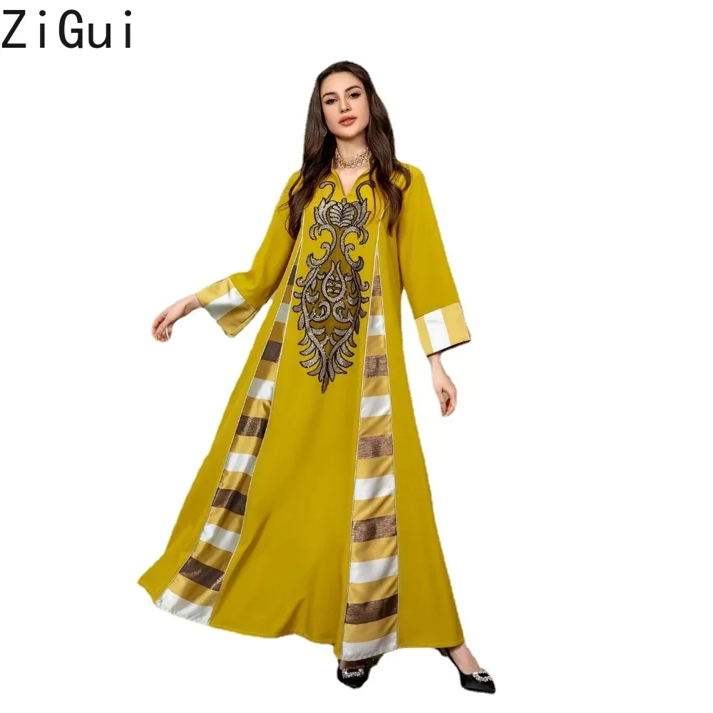 

Zigui Muslim Evening Dress Long Sleeves Kaftan Dresses Sequin Embroidered Stripes Arabic Middle East Dubai Ramadan Dress Women