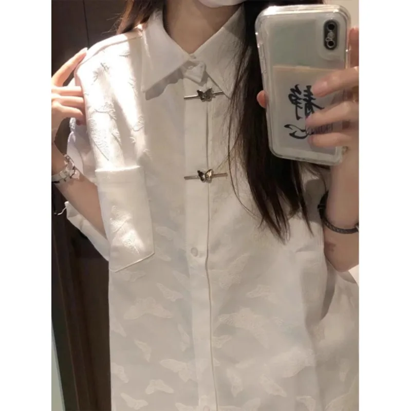 QWEEK White Oversized Short Sleeve Shirt Woman Chinese Fashion Button Up Blouses Summer Vintage Youthful Streetwear Aesthetic