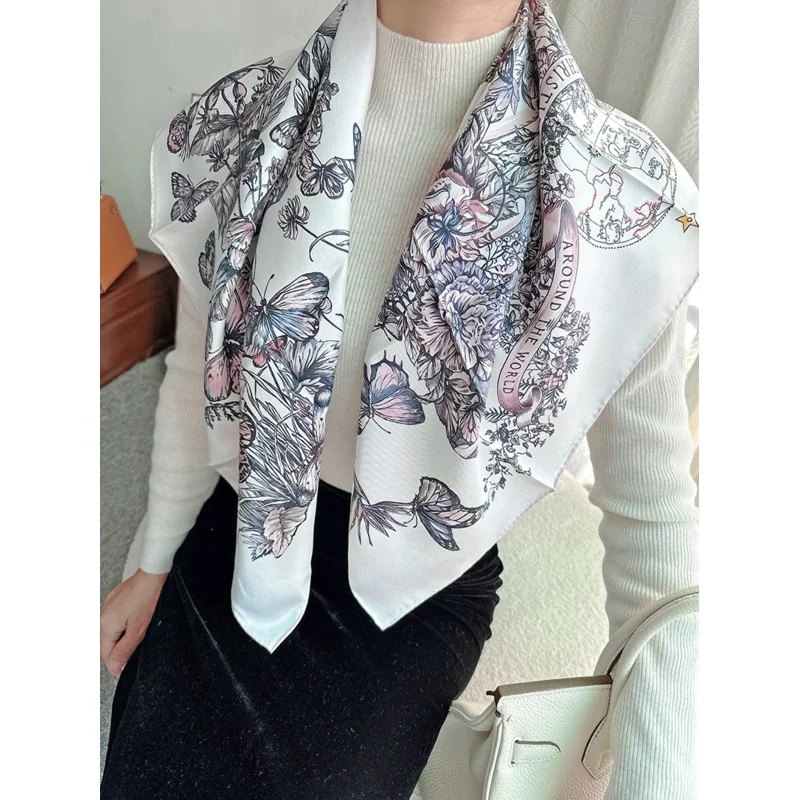 

Butterfly Pattern Scarf Luxury Scarf Women Designers Small Scarf 100% Silk Twill 90 By 90 Scarves 2024 Square Scarf Hijab Wrap