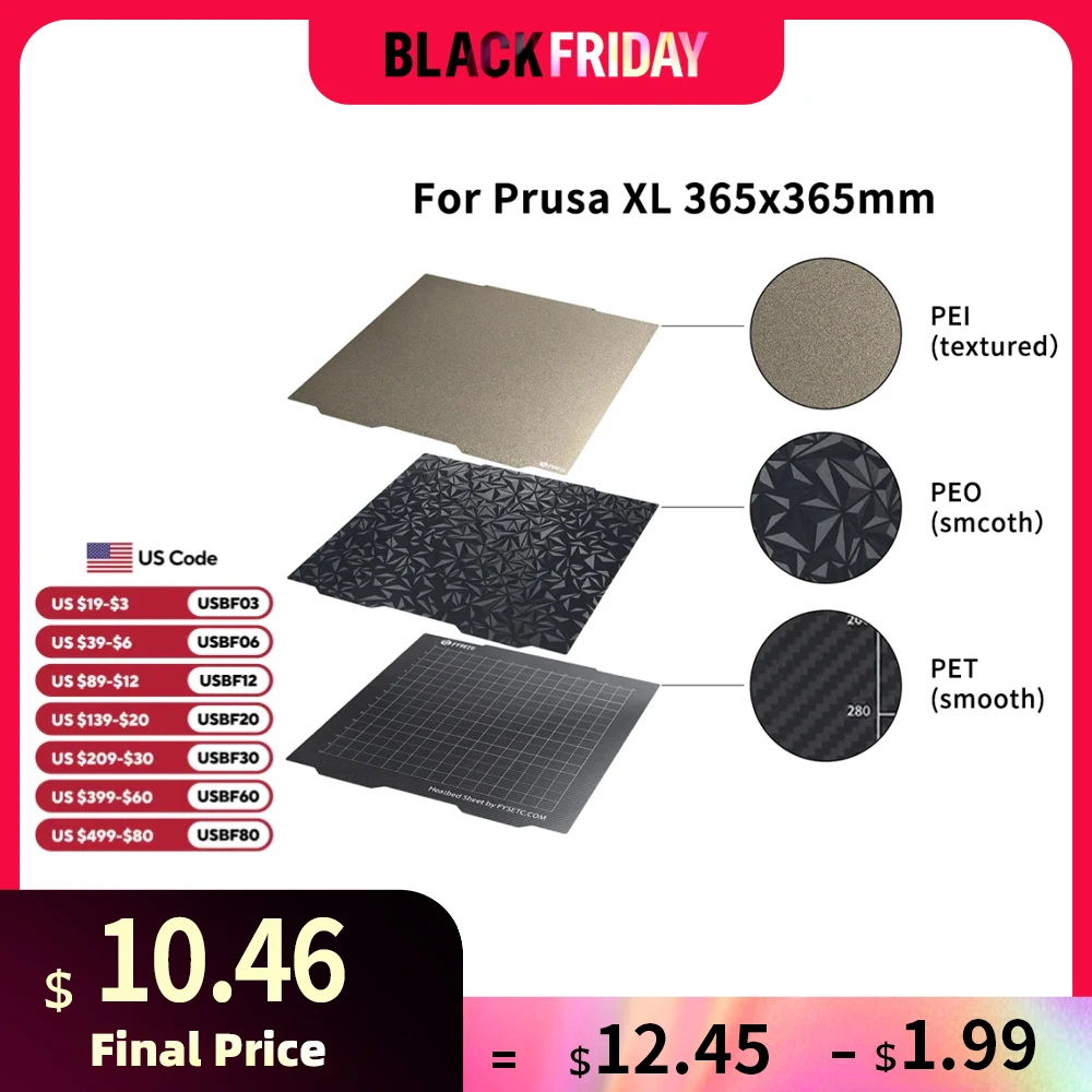 For Prusa XL Build Plate Steel Plate JANUS BPS-PET Smooth PET Double-Sided PEI Powder Coated Diamond Textured PEI Steel Sheet