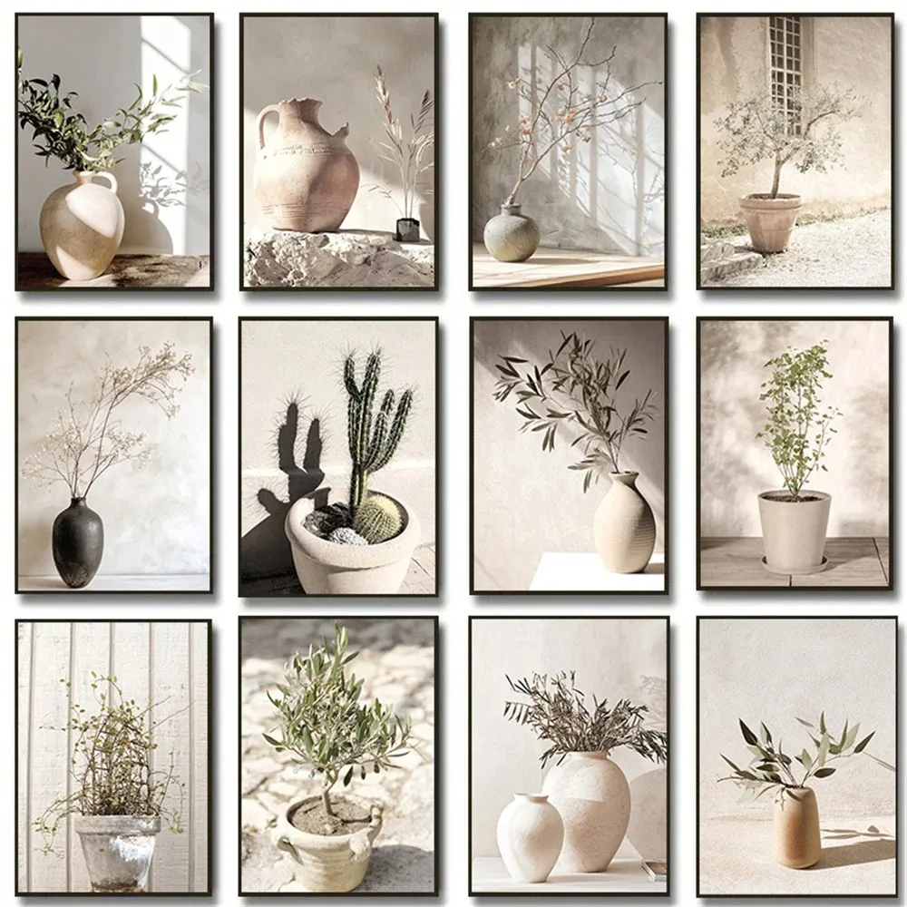 1PC frameless decorative art print,Vintage Minimalist Wall Art Italy Olive Tree Vase Canvas Painting Poster Prints Still Life Bo
