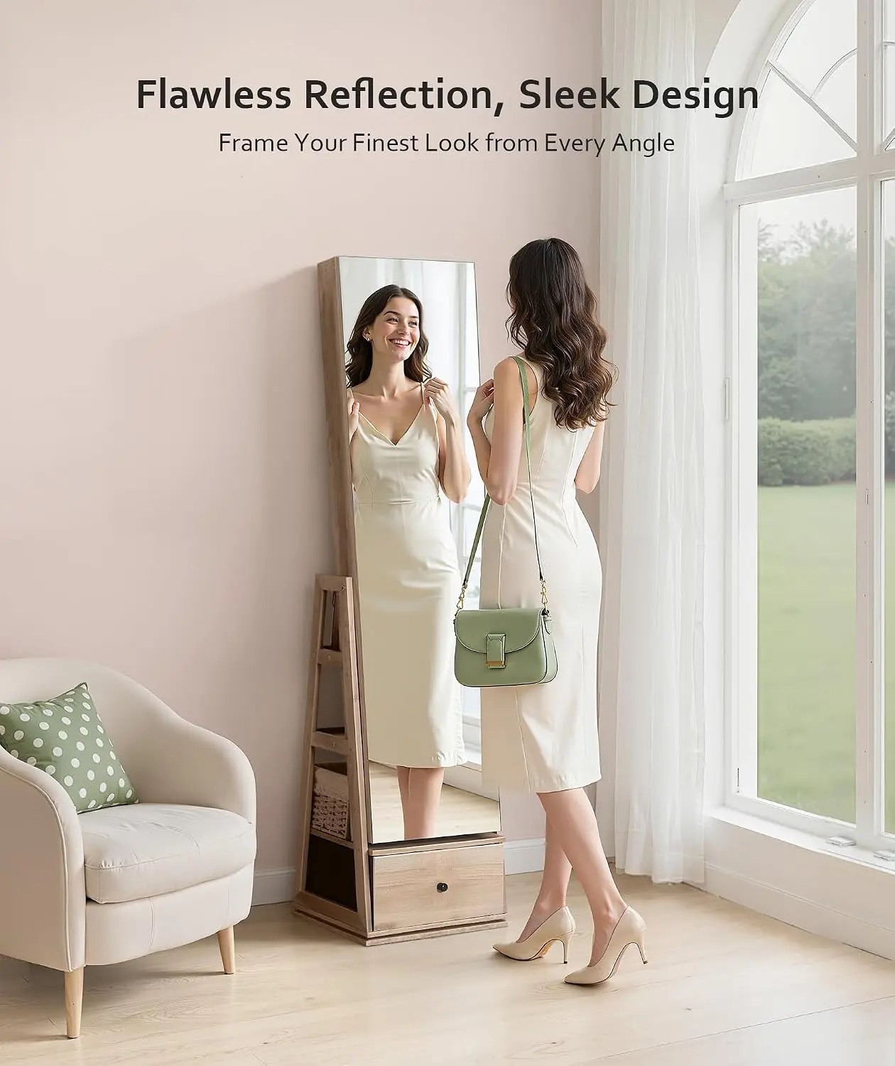 Swivel Jewelry Cabinet Full Length Mirror Lockable Oak Rotatable Armoire Organizer Standing Storage Rear Shelves Bottom Drawer G