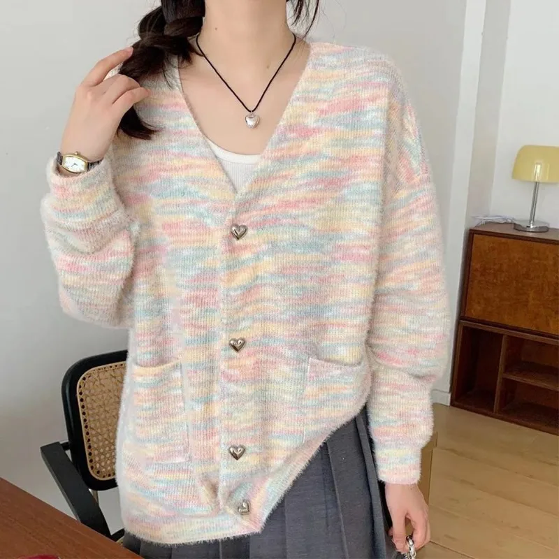 Women Autumn Fashion Loose Multicolor V-neck Long Sleeve Knitwear Women Clothes Casual All-match Sweet Knitting Cardigan Coat