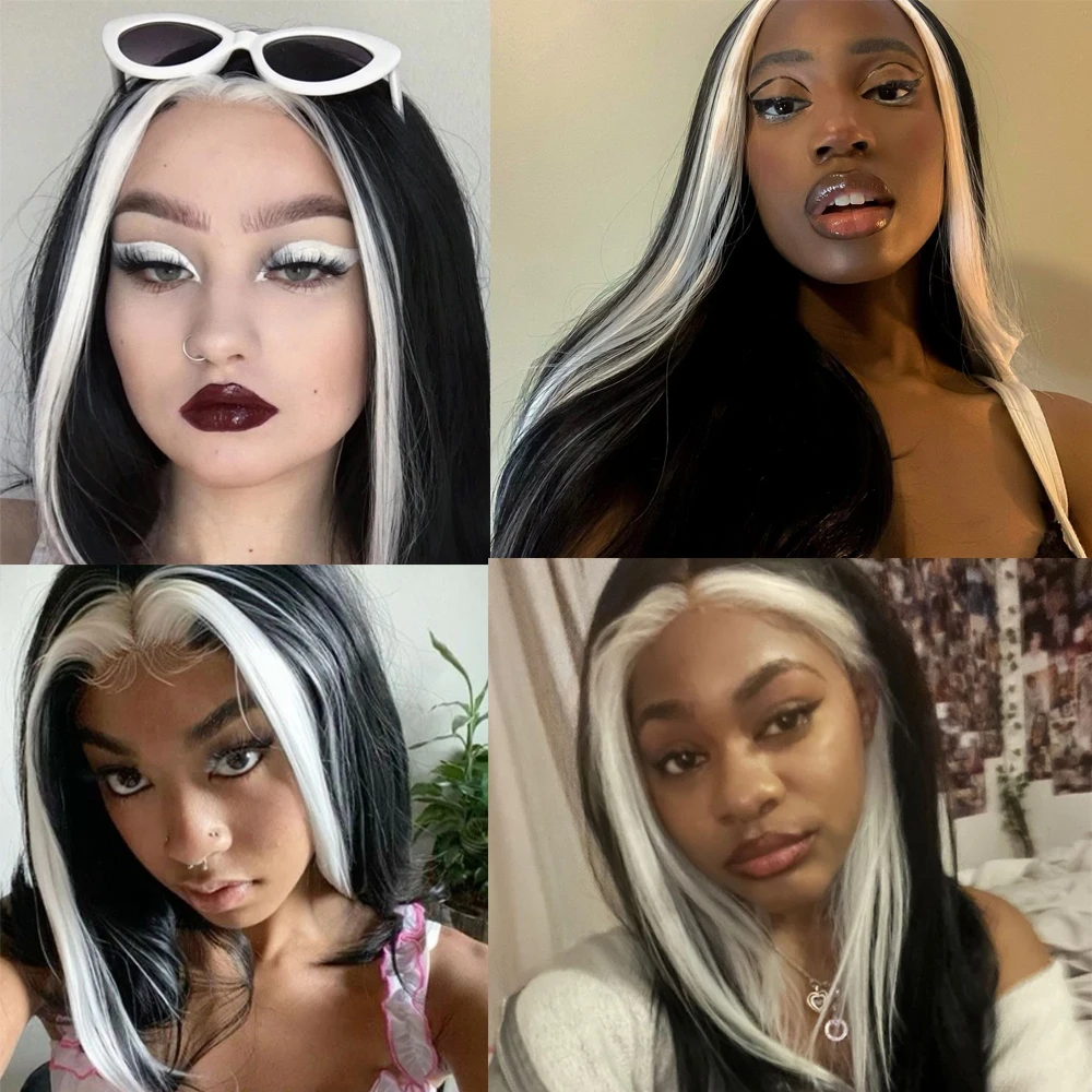Black White Wig Synthetic Lace Front Wigs For Women Long Straight Highlights White Wig Daily Wear Cosplay Part Mix Black Lace wi