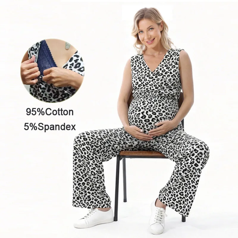 Cotton Leopard Print Maternity Jumpsuit with High Elasticity and Breathable Front Opening Closure for Breastfeeding