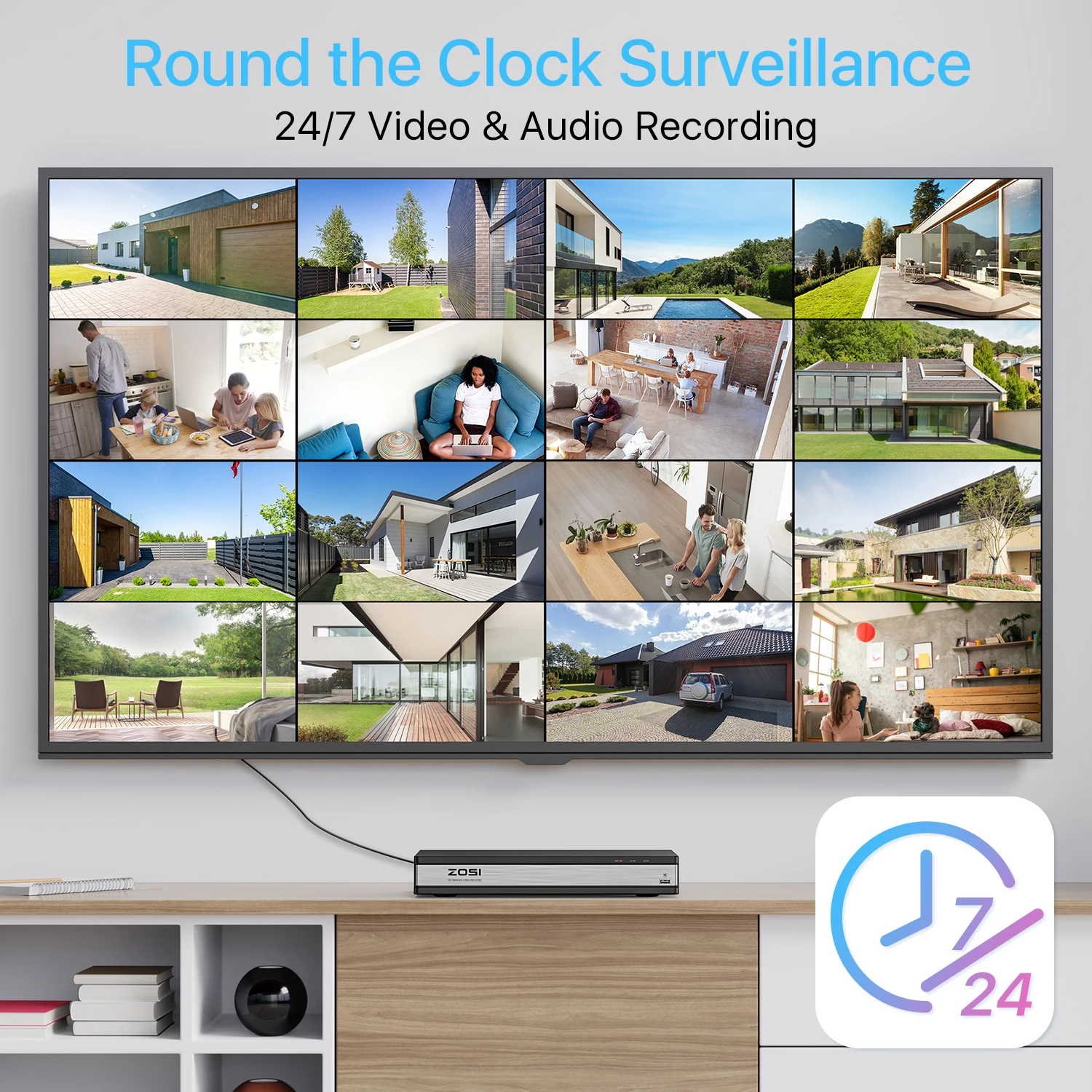 ZOSI 16채널 4K PoE 보안 카메라 시스템 양방향 오디오 H.265+ 8MP 16채널 NVR 4TB HDD 24시간 녹화용 8MP 실외 PoE IP 카메라
