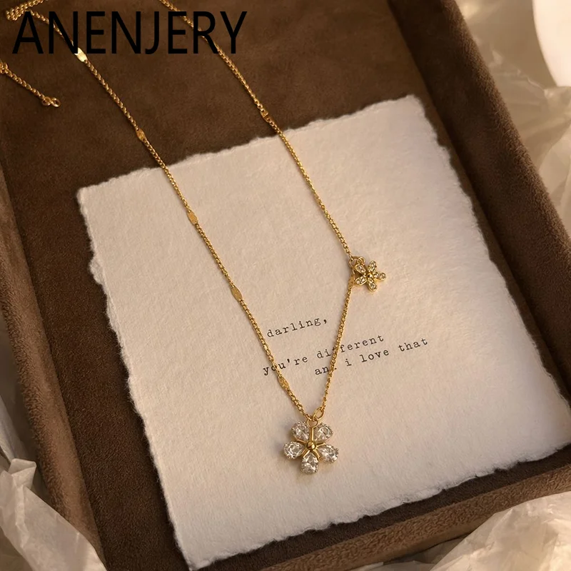 ANENJERY 316L Stainless Steel Double Flower Zircon Necklace For Women Simply Luxury Niche Jewelry Gifts Wholesale