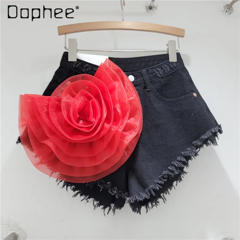 Fashion 3D Flower Decoration Raw Edge Denim Shorts Women 2024 Summer Korean Style High Waist Slimming Sexy Hot Girl Jean Shorts