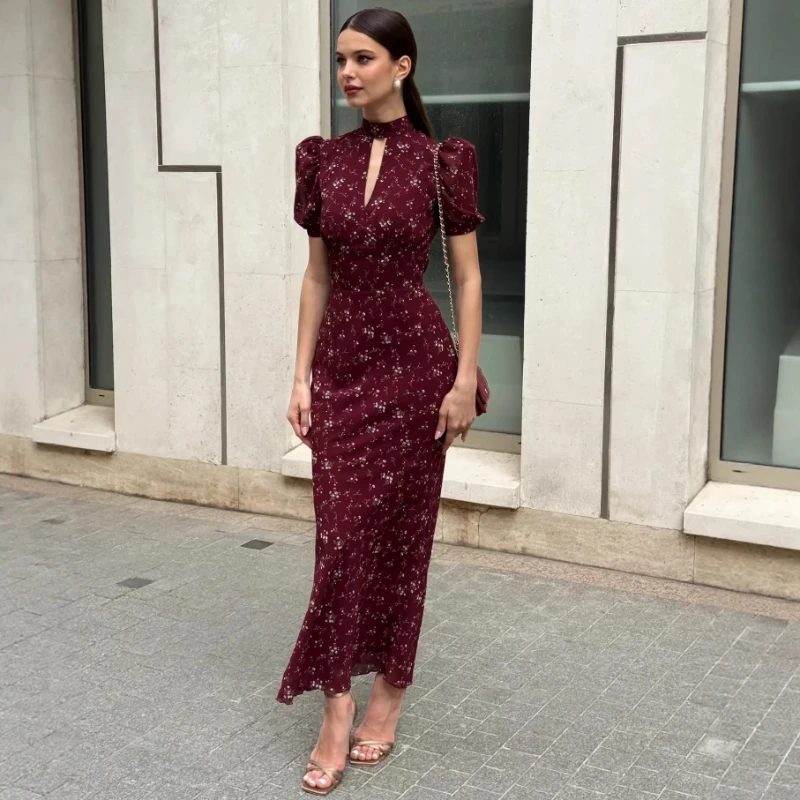 

Tsiisd Women's Burgundy Floral Print Maxi Dress Puff Sleeve Slim Elegant Fashion Evening Gown Party Dress Female New Maxi Dress
