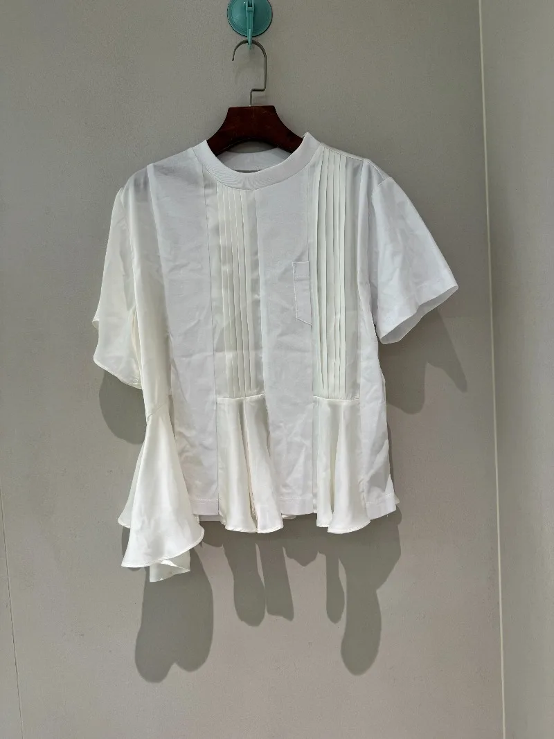 SAC Japanese trendy sweet irregular pleated ruffle regular T-shirt