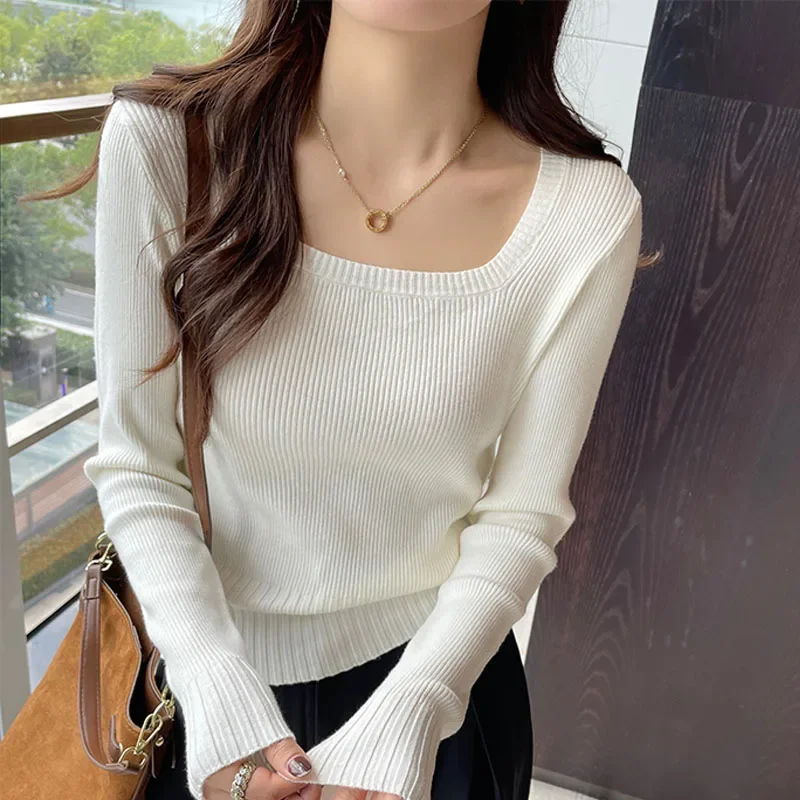 

Вязаный свитер, женские пуловеры, новый белый вязаный свитер с длинным рукавом и круглым вырезом, пуловер, женские топы, трикотажные изделия Sueters De Mujer Q1411