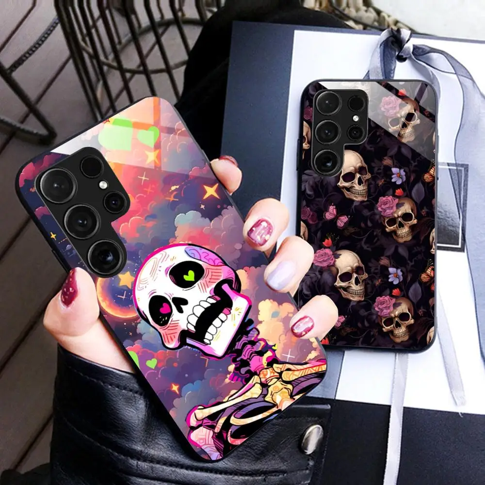 Skull Flowers Painting Glass Mobile Phone Case for Samsung Galaxy A56 55 54 53 52 51 36 35 34 23 16 15 5G Colorful Cover