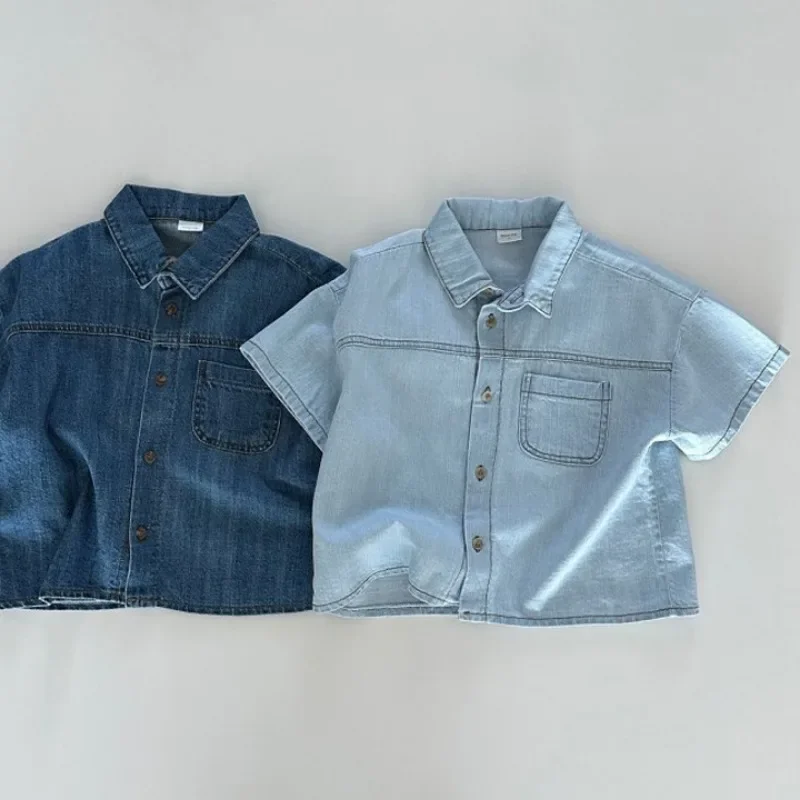 Korean Children Clothing Set 2024 Summer New Boy\'s Denim Suit Short-sleeved Shirt +Shorts Casual Girl\'s Two Piece Suit