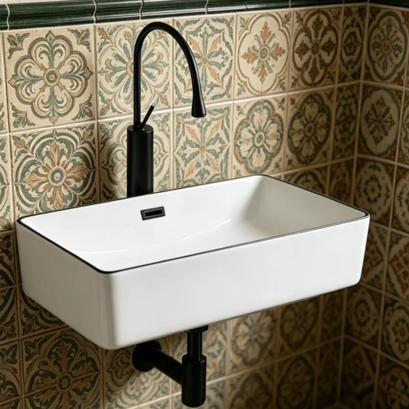 40Cm*30Cm Rectangular Design White Ceramic Washbasin with Black Edges, Ideal for Modern Bathroom Equipment, Suitable for Changing Rooms, Vanity Tables, Bathrooms, Toilets, and Rvs