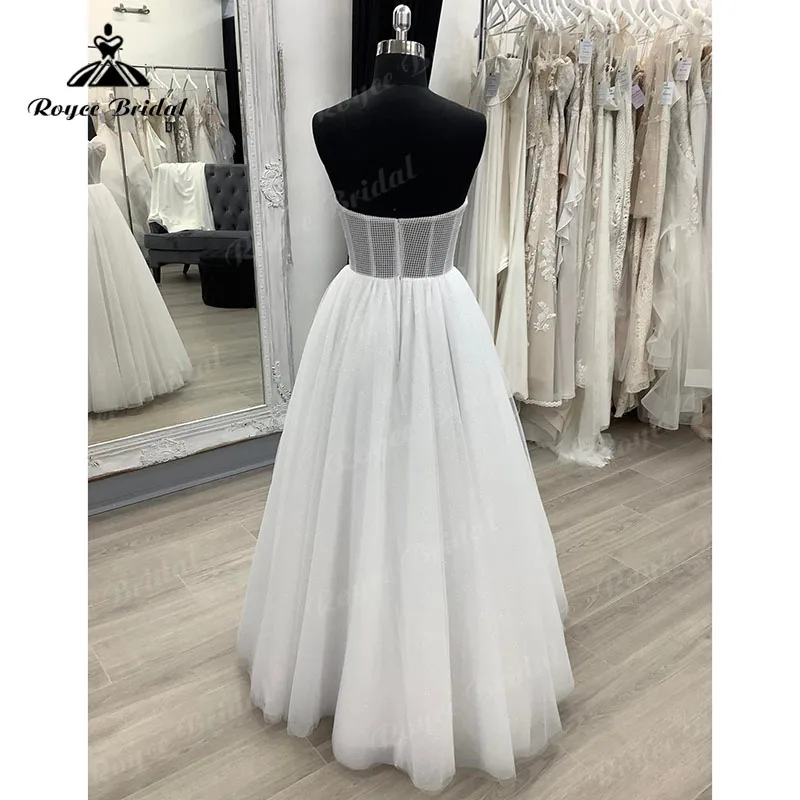 Shiny Glitter Sweetheart Floor Length A Line Boho Wedding Dresses 2023 Tulle Bridal Beach Wedding Reception Dress for Bride