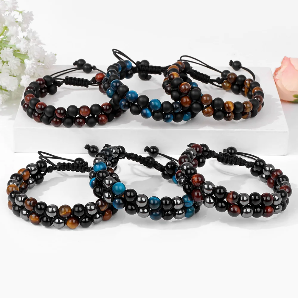 Men Handmade Rope Wrap Bracelet Triple Protection Natural Stone Hematite Tiger Eye Obsidian Braided Bracelets Jewelry Hombre