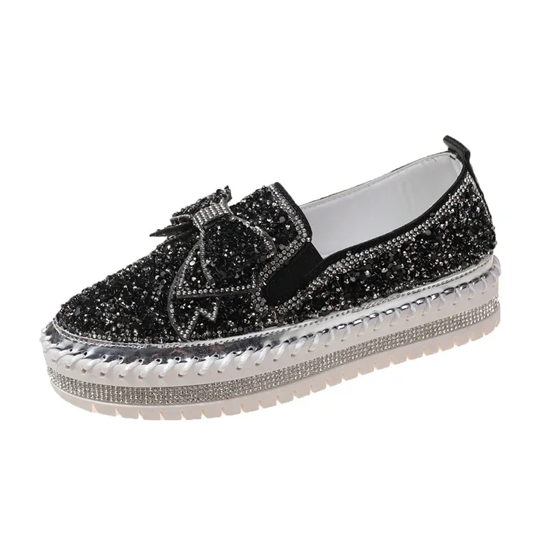 2024Fashion Women Shoes Shining Rhinestone Loafer Bowknot Slip-on Thick Botton CasualCrystal Female Platform Sneakers Sports