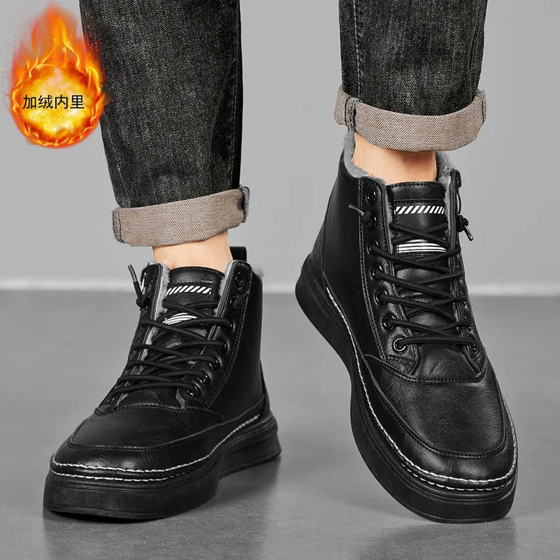 Botas masculinas de inverno sapatos de algodão quente de alta qualidade sapatos casuais de couro moda botas de tornozelo de pelúcia antiderrapante botas de negócios ao ar livre masculino