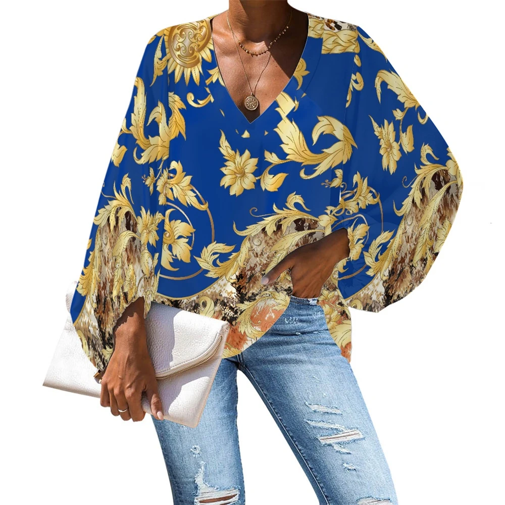 Noisydesigns Red Women Blouse 2022 Summer Eurpoen Vintage Luxury Golden Flower Print Tops Sweet All-Match Ladies Shirts Dropship