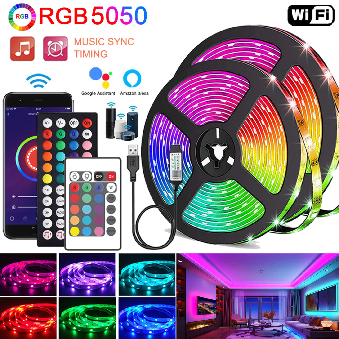 30M/20M Led Strip Lights Music Sync Color Changing RGB with Remote App Control Led Lights for Room Home Kitchen Decor Party