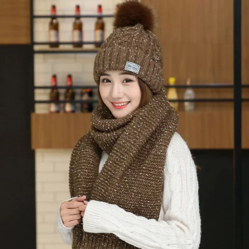 New Fur Pompom Woman Knitted Hat Scarf Winter Warm Children Hat & Scarf for Girls Boys Two Piece Set Warm Beanie Wholesale