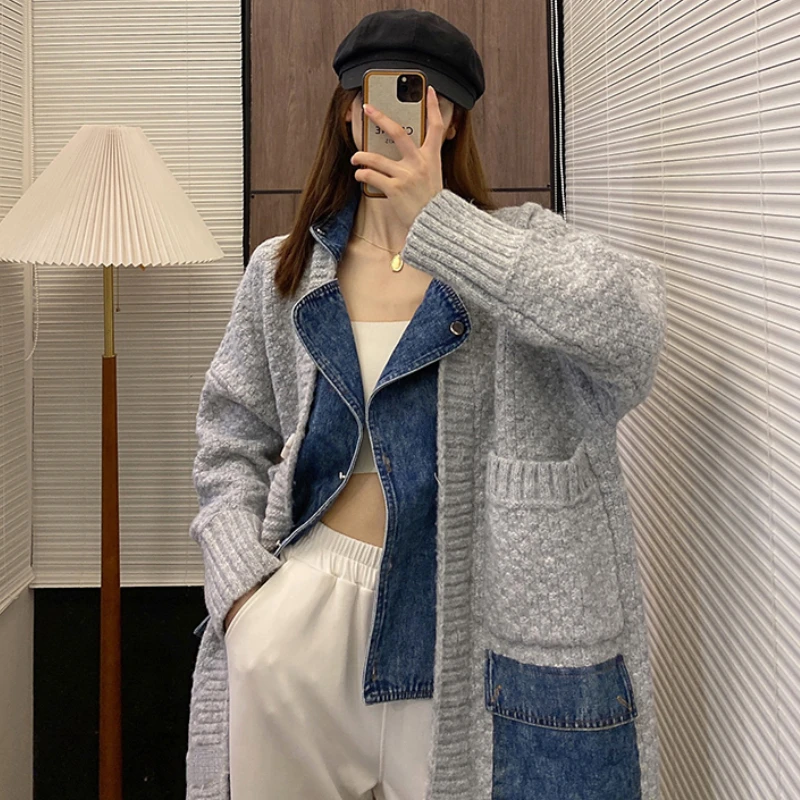 Chic Women Knitted Spliced Denim Jacket Sweater Coat Turn Down Collar Sweater Jean Coat Knit Cardigan Fall Winter Knitwear Tops