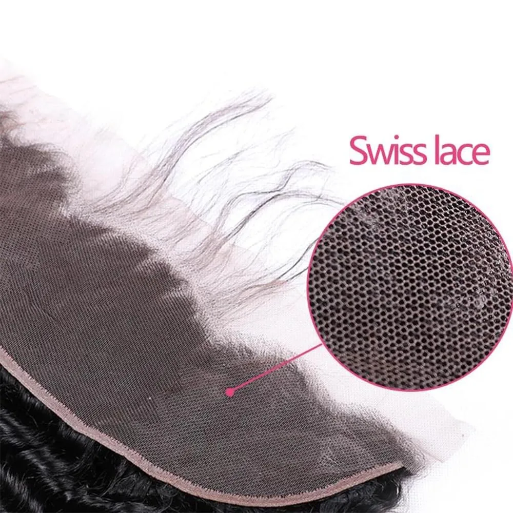 ディープウェーブ 13x4 透明レースフロント 100%未加工インド産バージンヘア フリーパートレース ナチュラルブラックカラー フルエンド