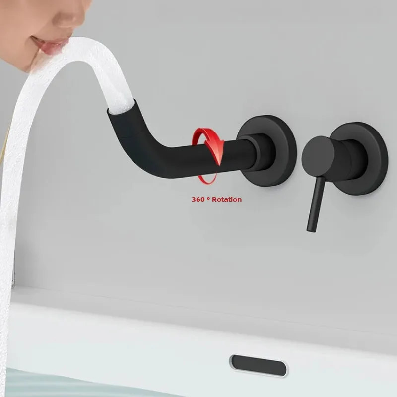 Matte Black Wall-Mounted Basin Faucet Brushed Gold Concealed Install Mixer Tap Single Handle Hot and Cold Wash Basin Tap