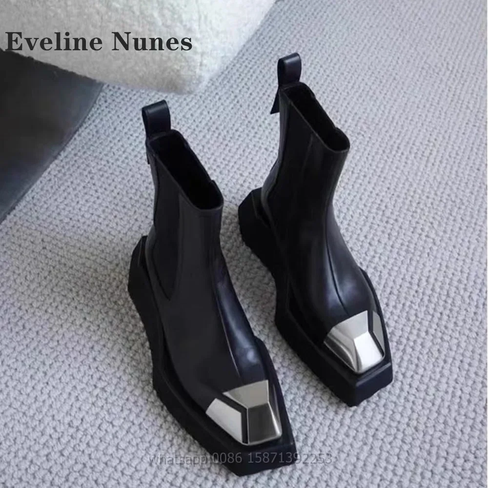 

Metal Decoration Punk Motorcycle Boots Patent Leather Slip On Square Toe Booty Height Increasing Patchwork Mixed Colors Newest